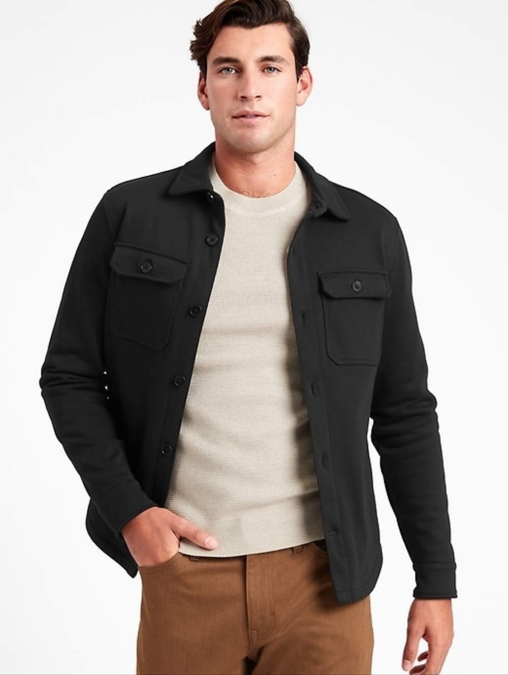 Banana Republic Men's French Terry Ribbed Shirt Jacket Shacket Sz Med Black